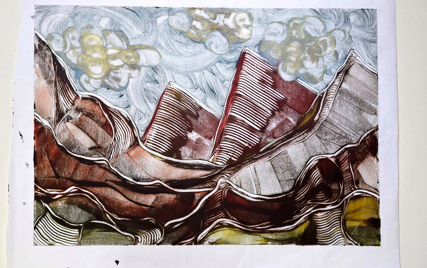 Between Ridge and Cloud — Encaustic Monotype on Handmade Asian Paper – 30" x 22" Artwork Elizabeth Schowachert Art