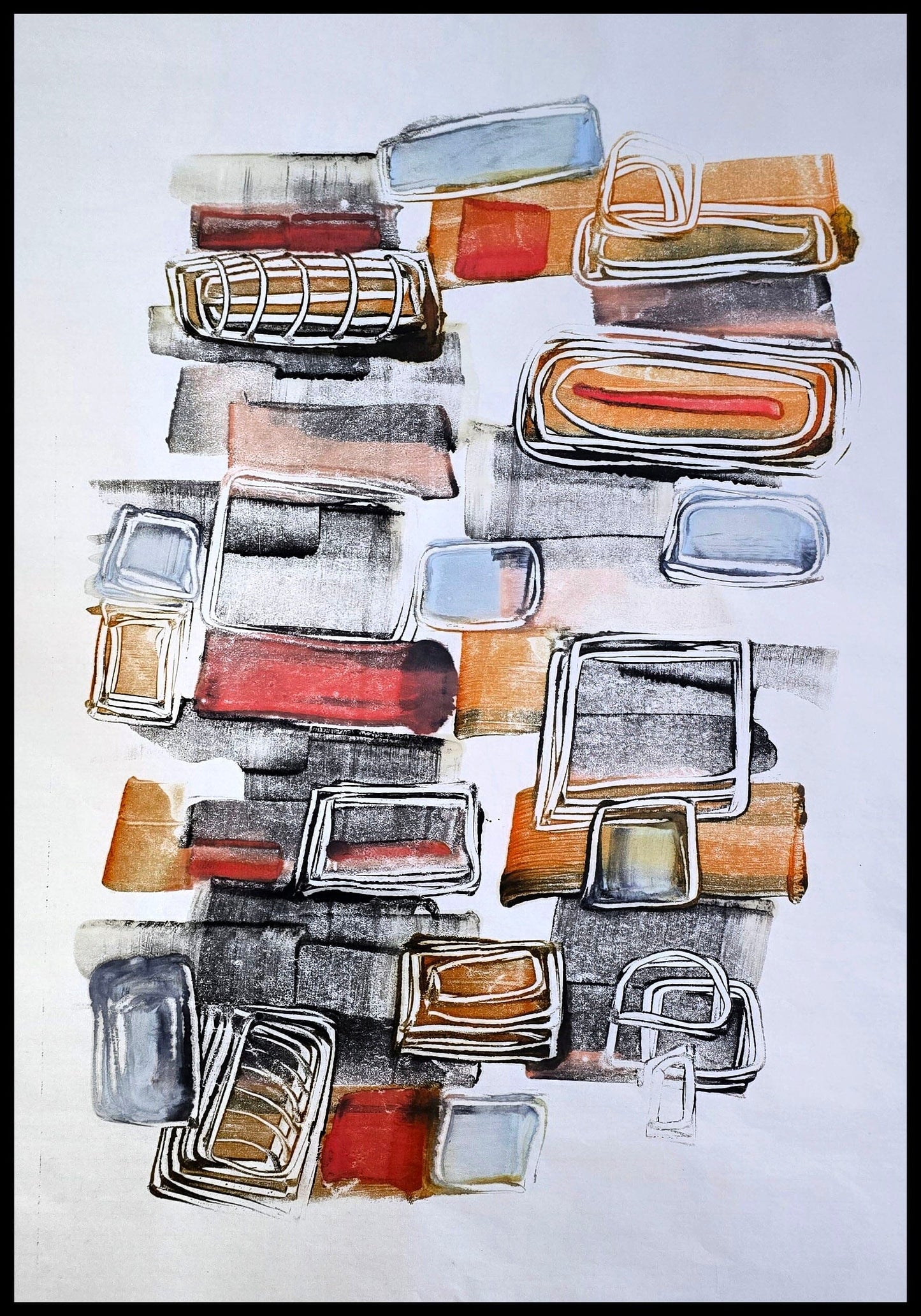 Encaustic Monotype "Nested Forms" on Asian Mulberry Paper – 30" x 22" Artwork Elizabeth Schowachert Art