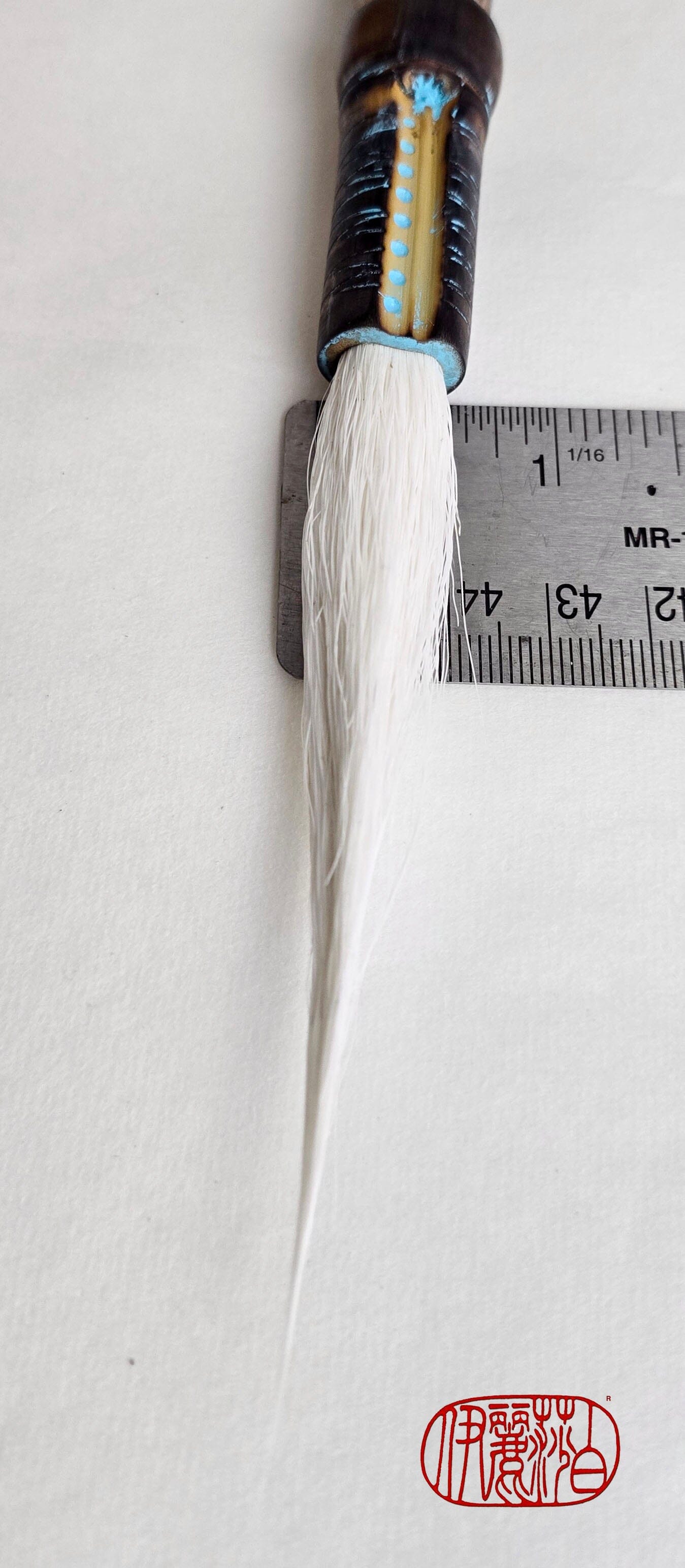 White Deer Tail Brush with Incised Bamboo Handle & Blue Accents Paintbrushes Elizabeth Schowachert Art