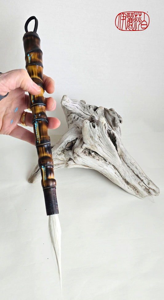 White Deer Tail Brush with Incised Bamboo Handle & Blue Accents Paintbrushes Elizabeth Schowachert Art