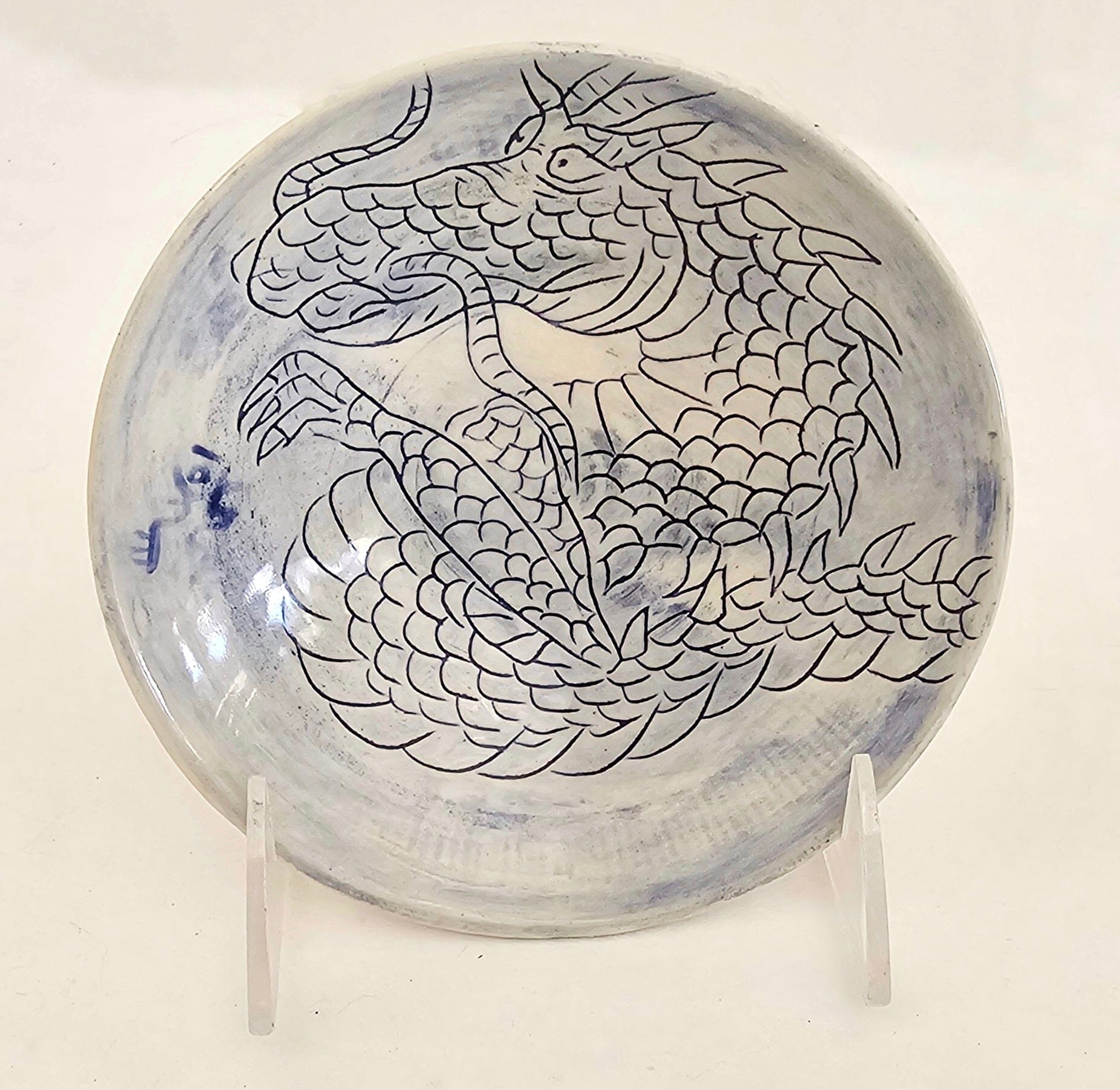 Blue Dragon Etched Stoneware Bowl: Artistry by Kim and Elizabeth Stoneware Bowl Elizabeth Schowachert Art