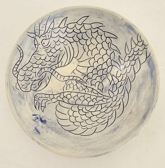 Blue Dragon Etched Stoneware Bowl: Artistry by Kim and Elizabeth Stoneware Bowl Elizabeth Schowachert Art