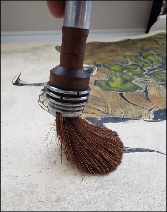 Course Dark Auburn Horsehair Paint Brush with Antique Wood Bobbin Spool Handle - Elizabeth Schowachert Art