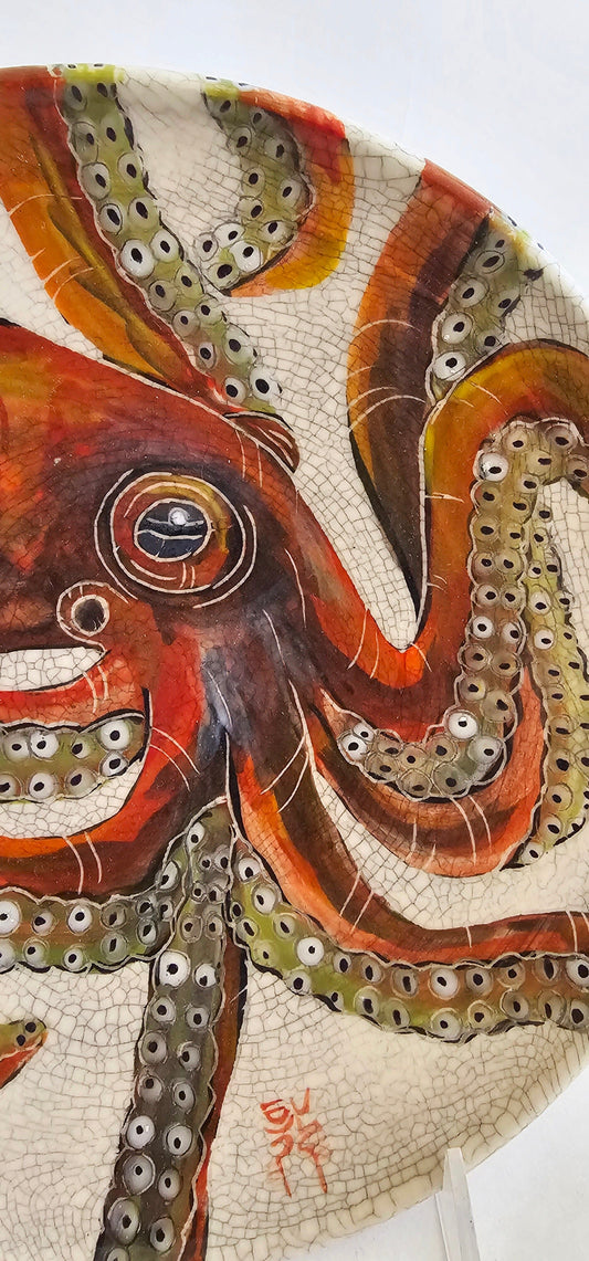 Octopus Sgraffito Decorative Bowl with Crackle Finish stoneware bowl Elizabeth Schowachert Art