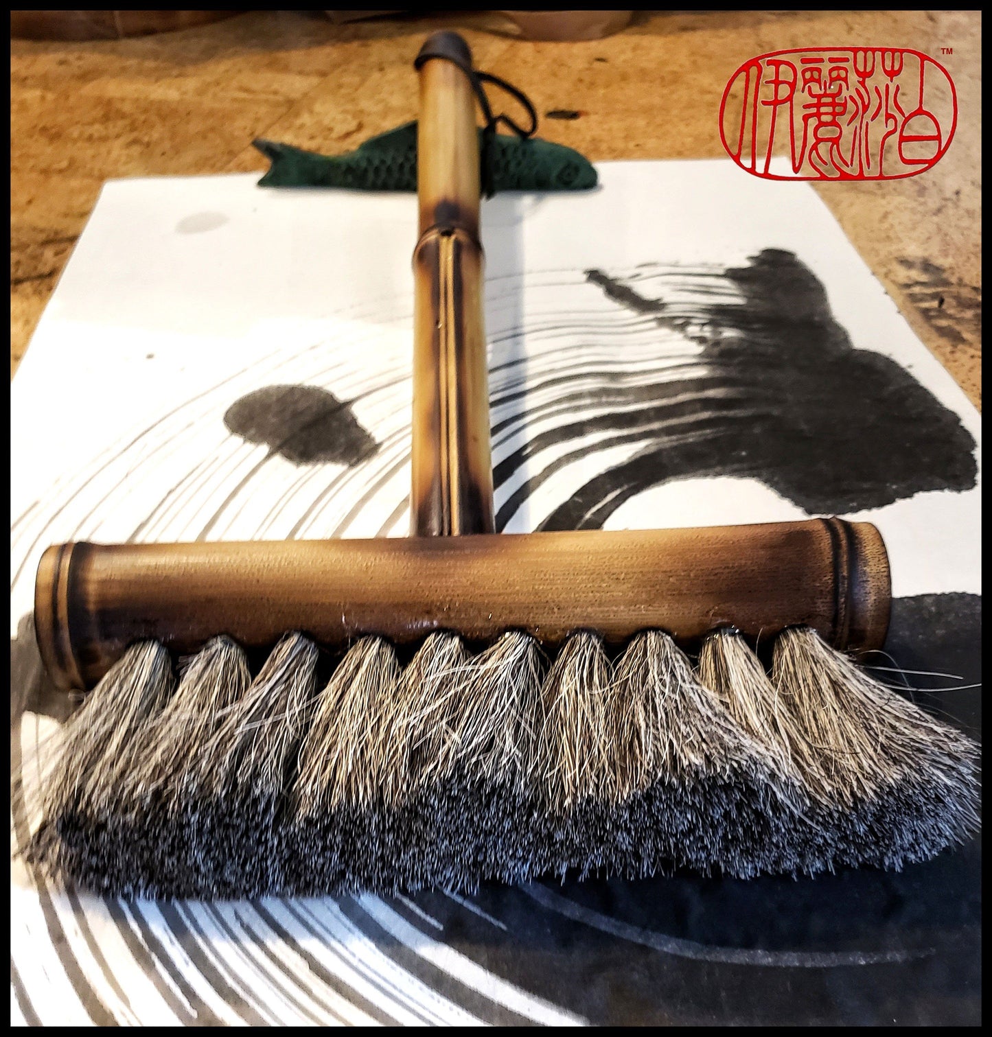 The Marilia Brush - 9 inch Wide Handmade Grey Horse Hair Brush With a 16 inch Long Bamboo Handle - Elizabeth Schowachert Art
