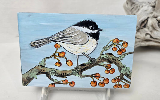 4" x 6" Original #2 Chickadee Painting on Cradled Wood Panel – Acrylic Fine Art Elizabeth Schowachert