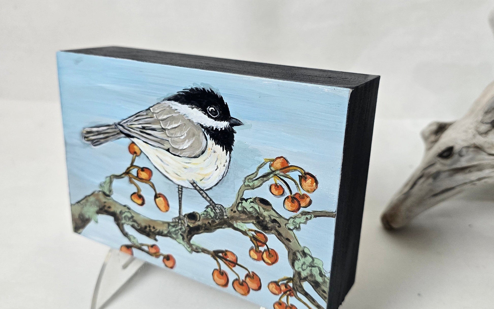 4" x 6" Original #2 Chickadee Painting on Cradled Wood Panel – Acrylic Fine Art Elizabeth Schowachert