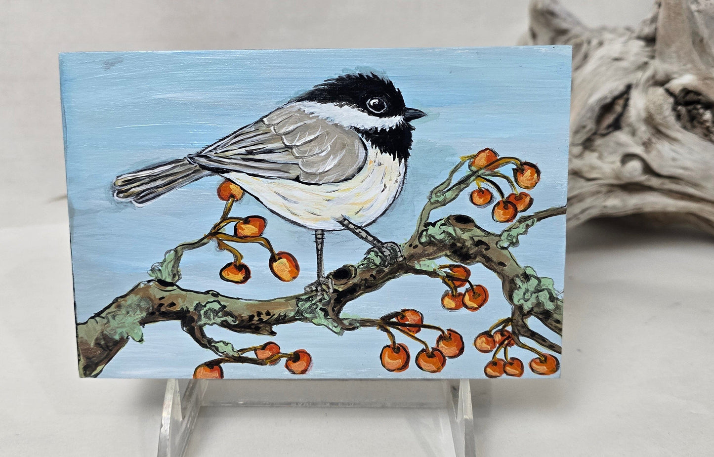 4" x 6" Original #2 Chickadee Painting on Cradled Wood Panel – Acrylic Fine Art Elizabeth Schowachert