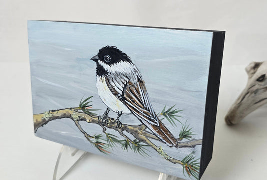 4" x 6" Original Chickadee Painting on Cradled Wood Panel – Acrylic Fine Art Elizabeth Schowachert