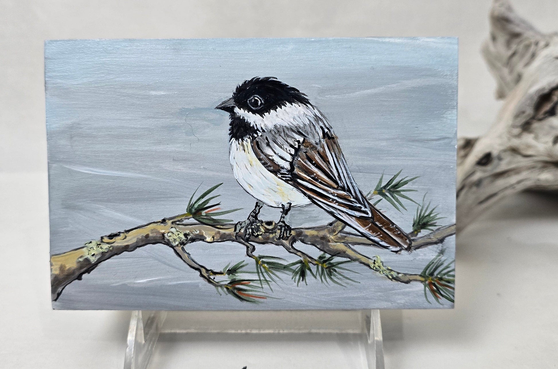 4" x 6" Original Chickadee Painting on Cradled Wood Panel – Acrylic Fine Art Elizabeth Schowachert