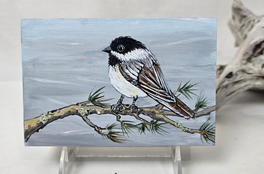 4" x 6" Original Chickadee Painting on Cradled Wood Panel – Acrylic Fine Art Elizabeth Schowachert