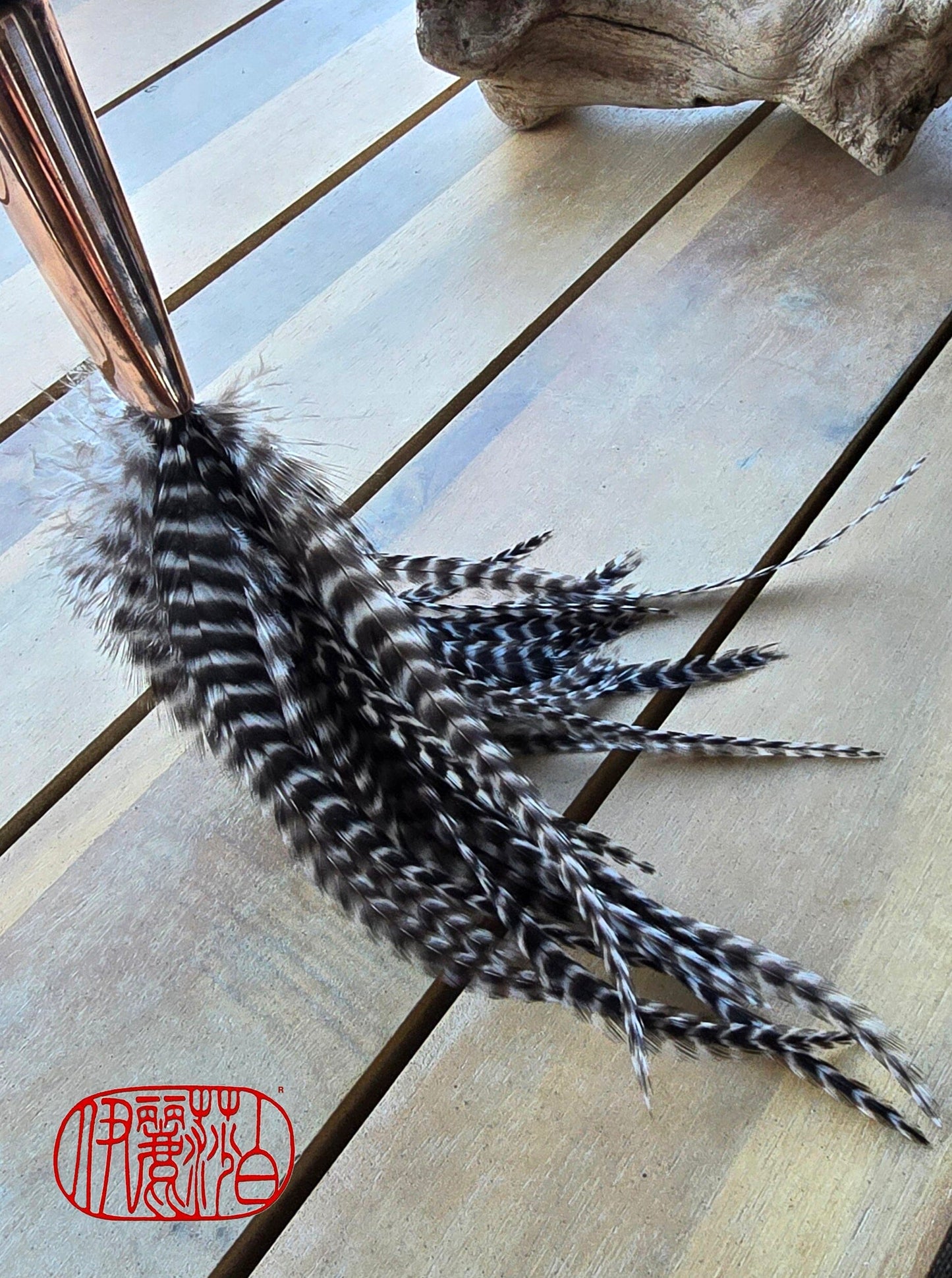 Barbed Rooster Feather Brush – Polished Copper Ferrule, Black Bamboo Handle Elizabeth Schowachert Art
