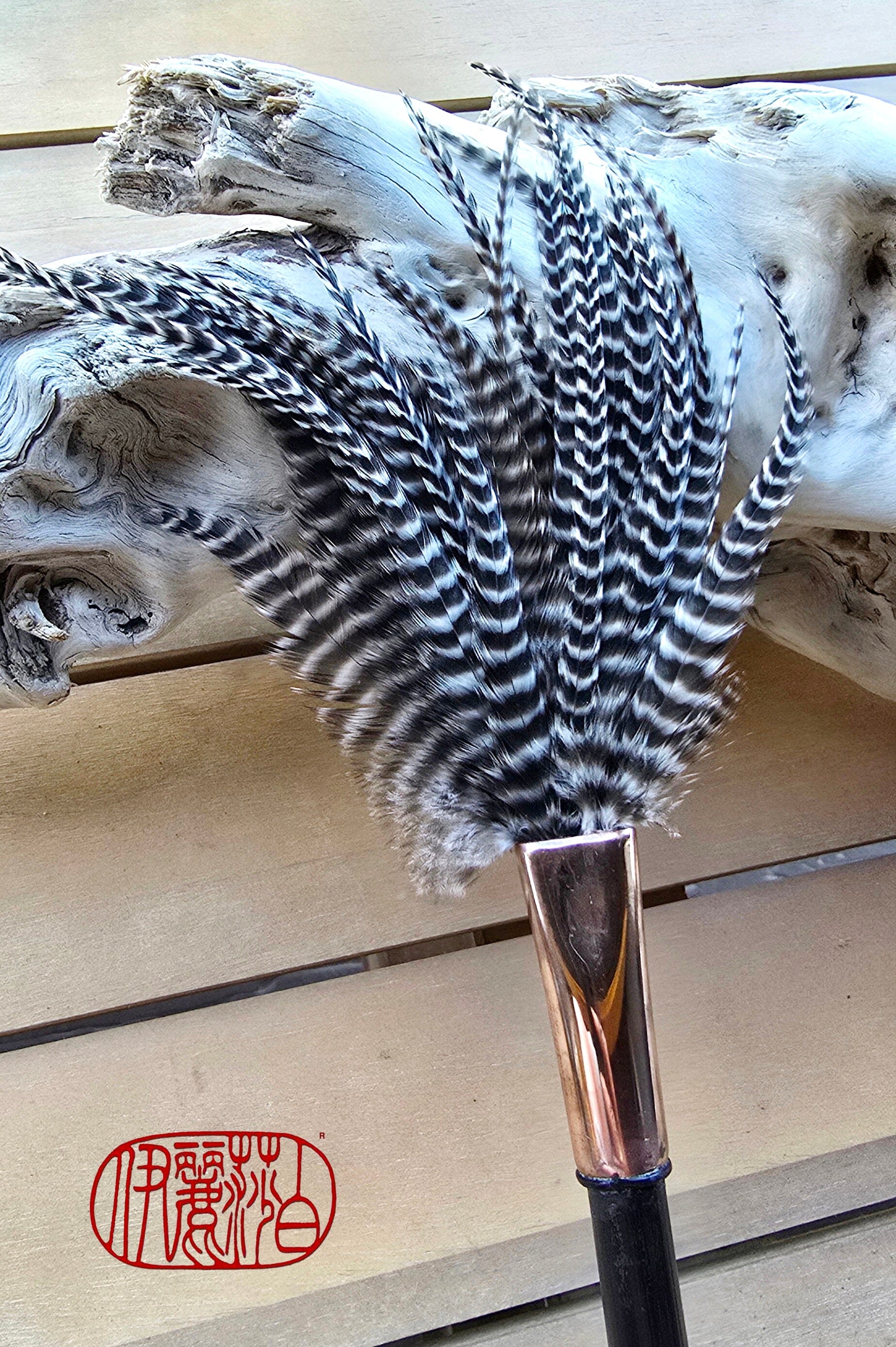 Barbed Rooster Feather Brush – Polished Copper Ferrule, Black Bamboo Handle Elizabeth Schowachert Art