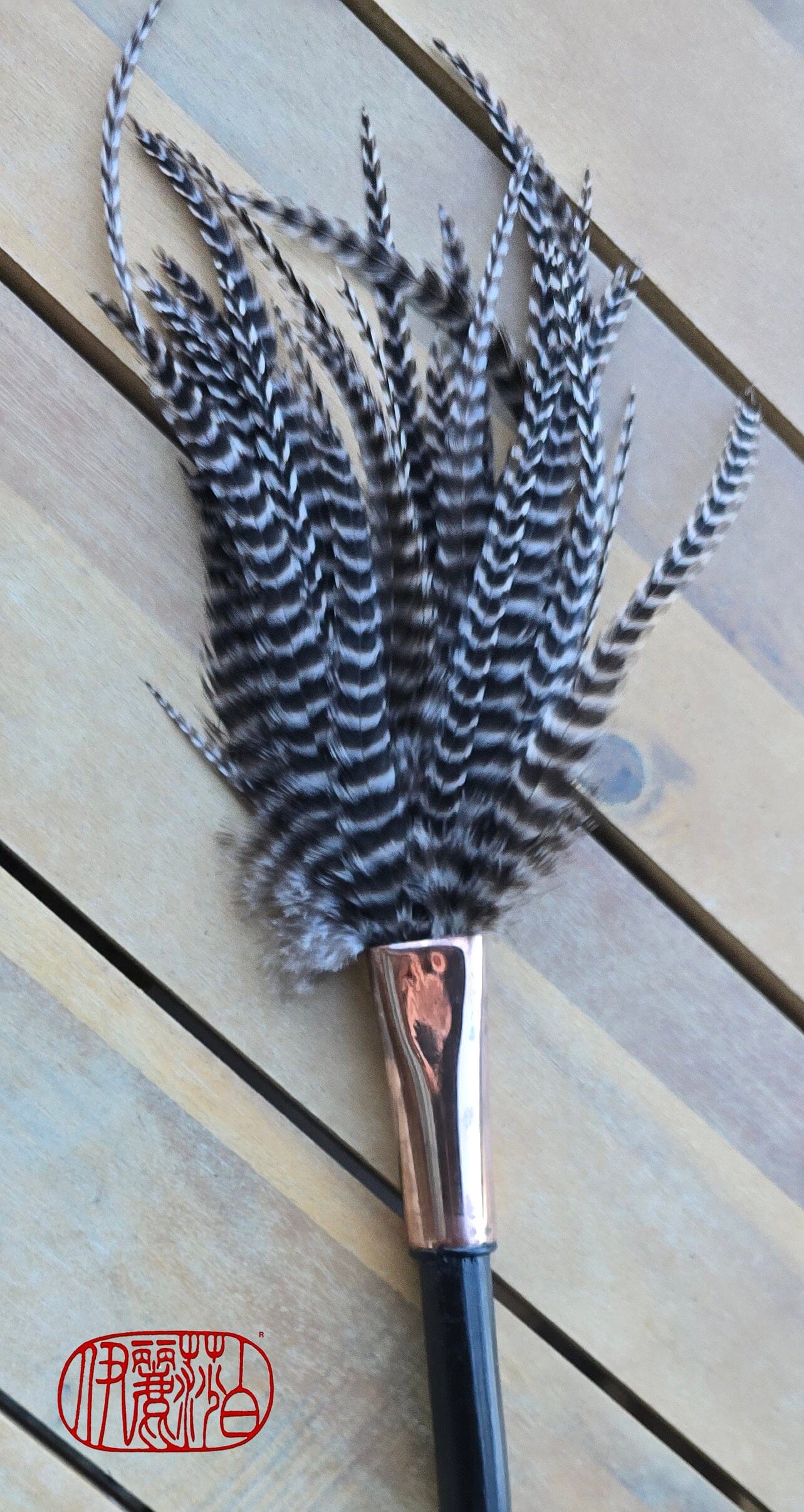 Barbed Rooster Feather Brush – Polished Copper Ferrule, Black Bamboo Handle Elizabeth Schowachert Art