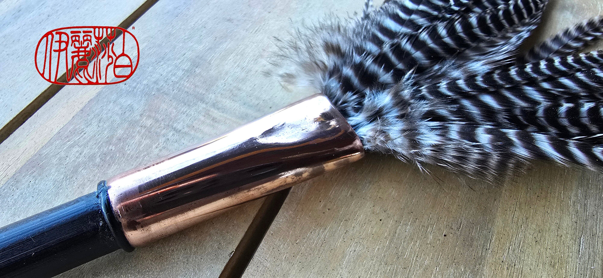 Barbed Rooster Feather Brush – Polished Copper Ferrule, Black Bamboo Handle Elizabeth Schowachert Art