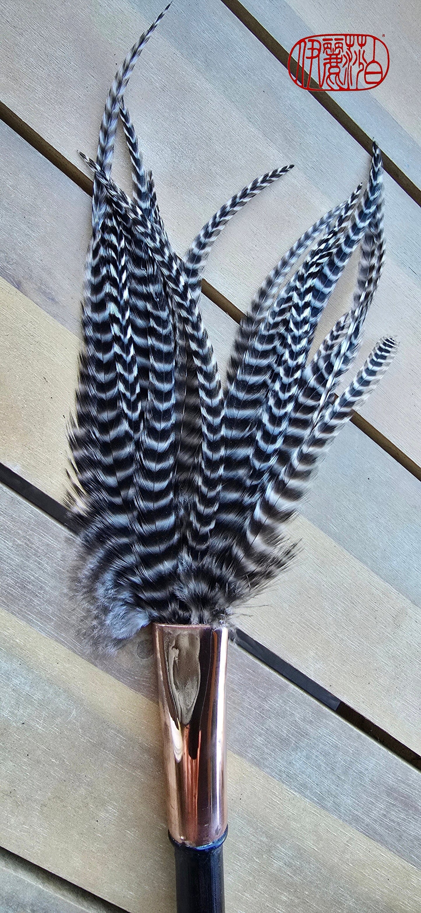 Barbed Rooster Feather Brush – Polished Copper Ferrule, Black Bamboo Handle Elizabeth Schowachert Art