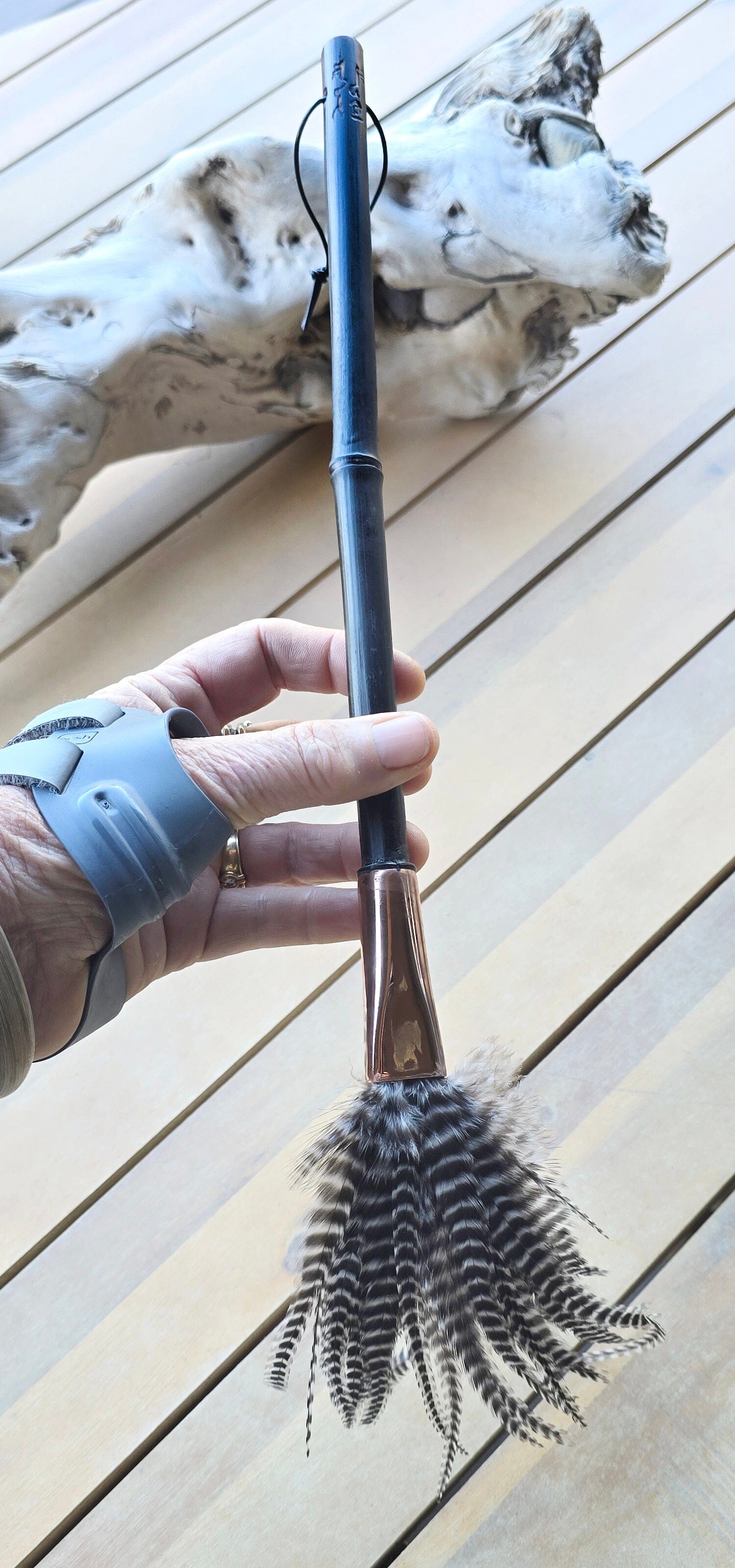 Barbed Rooster Feather Brush – Polished Copper Ferrule, Black Bamboo Handle Elizabeth Schowachert Art