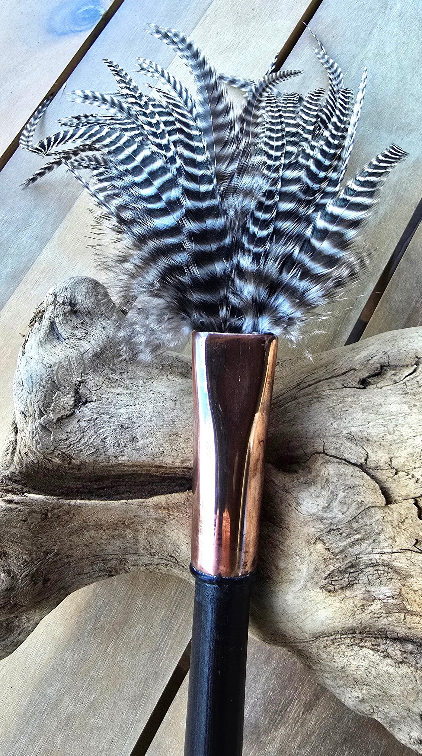 Barbed Rooster Feather Brush – Polished Copper Ferrule, Black Bamboo Handle Elizabeth Schowachert Art