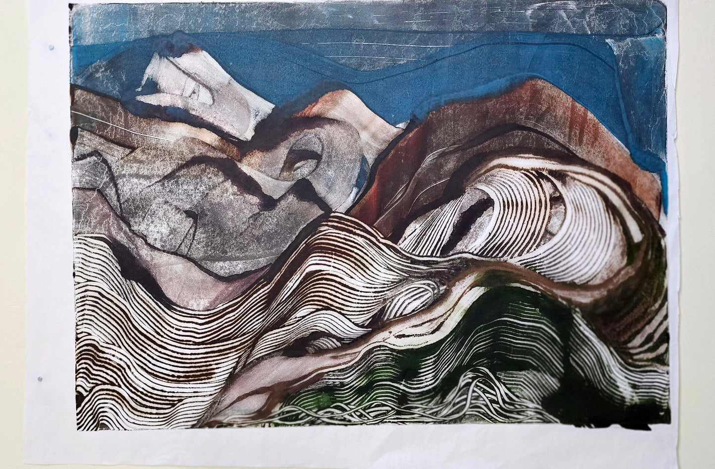 Below the Ridgeline — Encaustic Monotype on Handmade Asian Paper – 30" x 22") Artwork Elizabeth Schowachert Art