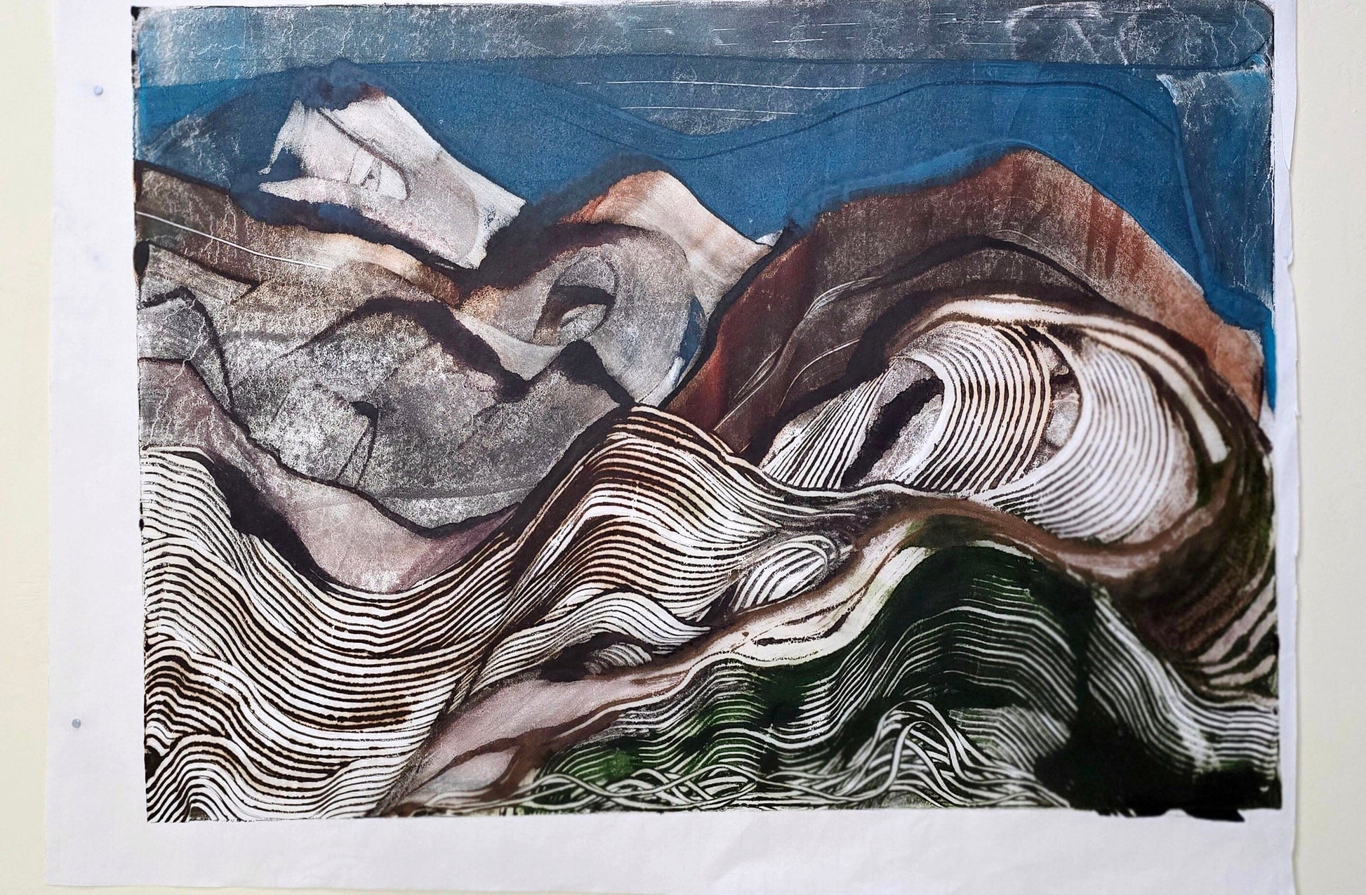 Below the Ridgeline — Encaustic Monotype on Handmade Asian Paper – 30" x 22") Artwork Elizabeth Schowachert Art