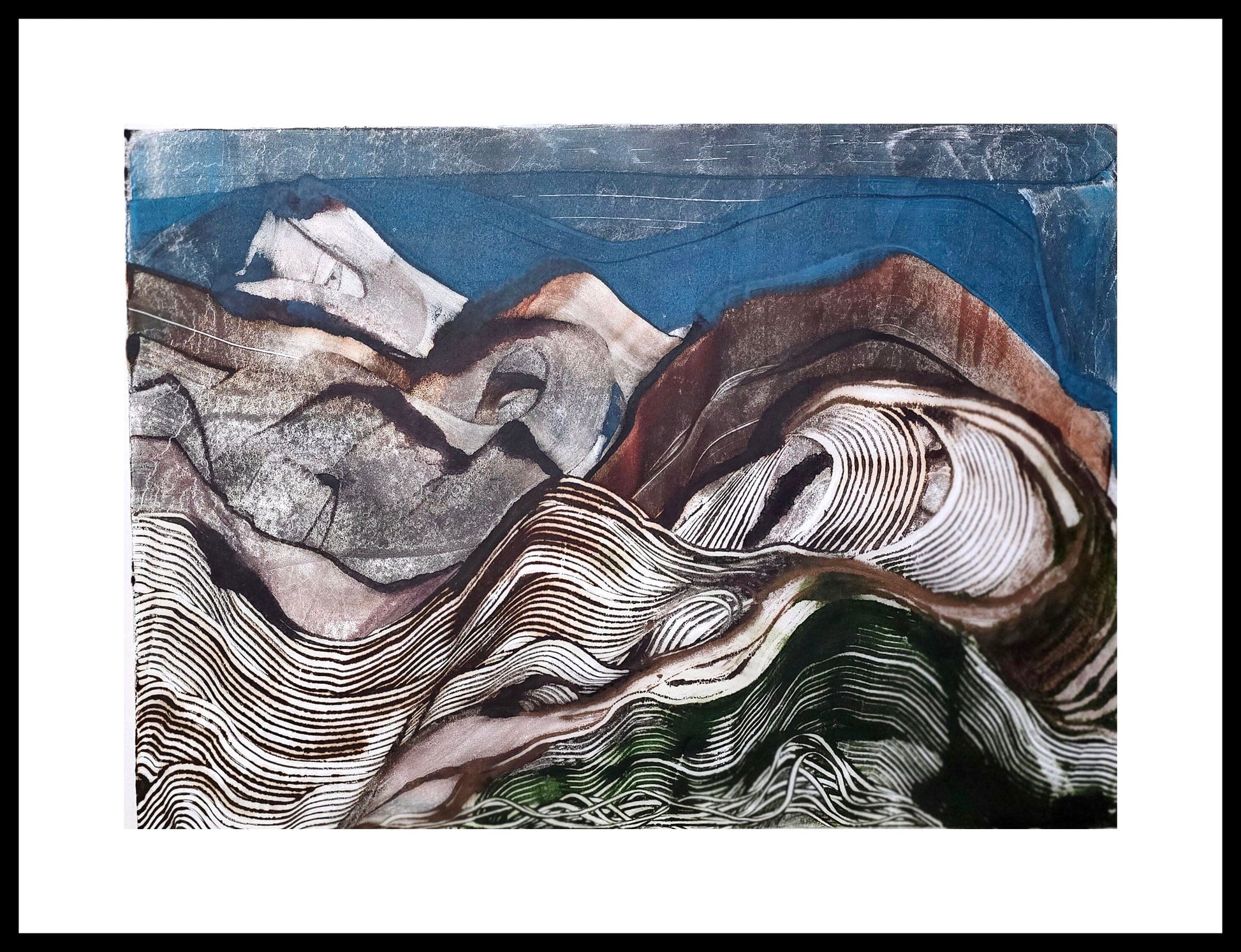 Below the Ridgeline — Encaustic Monotype on Handmade Asian Paper – 30" x 22") Artwork Elizabeth Schowachert Art