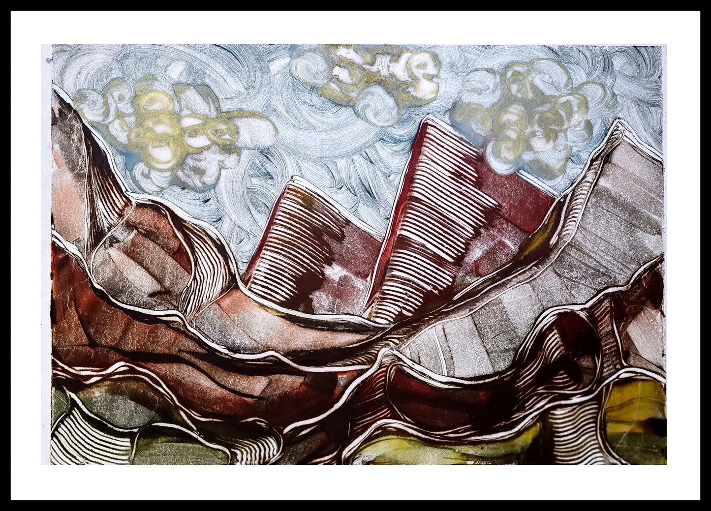 Between Ridge and Cloud — Encaustic Monotype on Handmade Asian Paper – 30" x 22" Artwork Elizabeth Schowachert Art