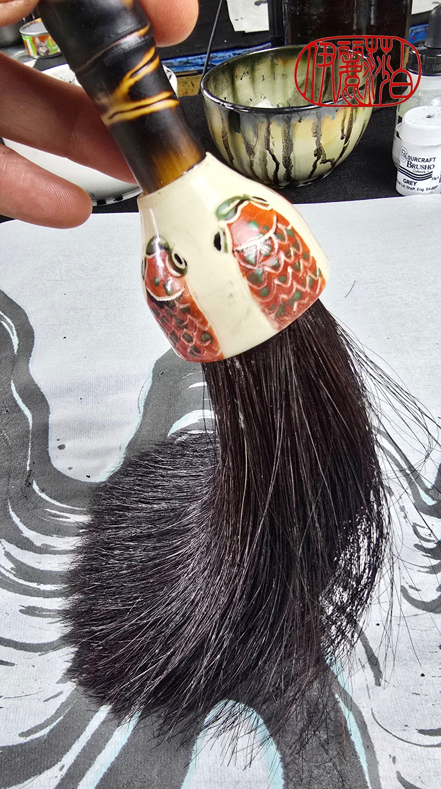Black Horsehair Brush with Thrown Ceramic Ferrule &amp; Bamboo Handle Paintbrush Elizabeth Schowachert Art