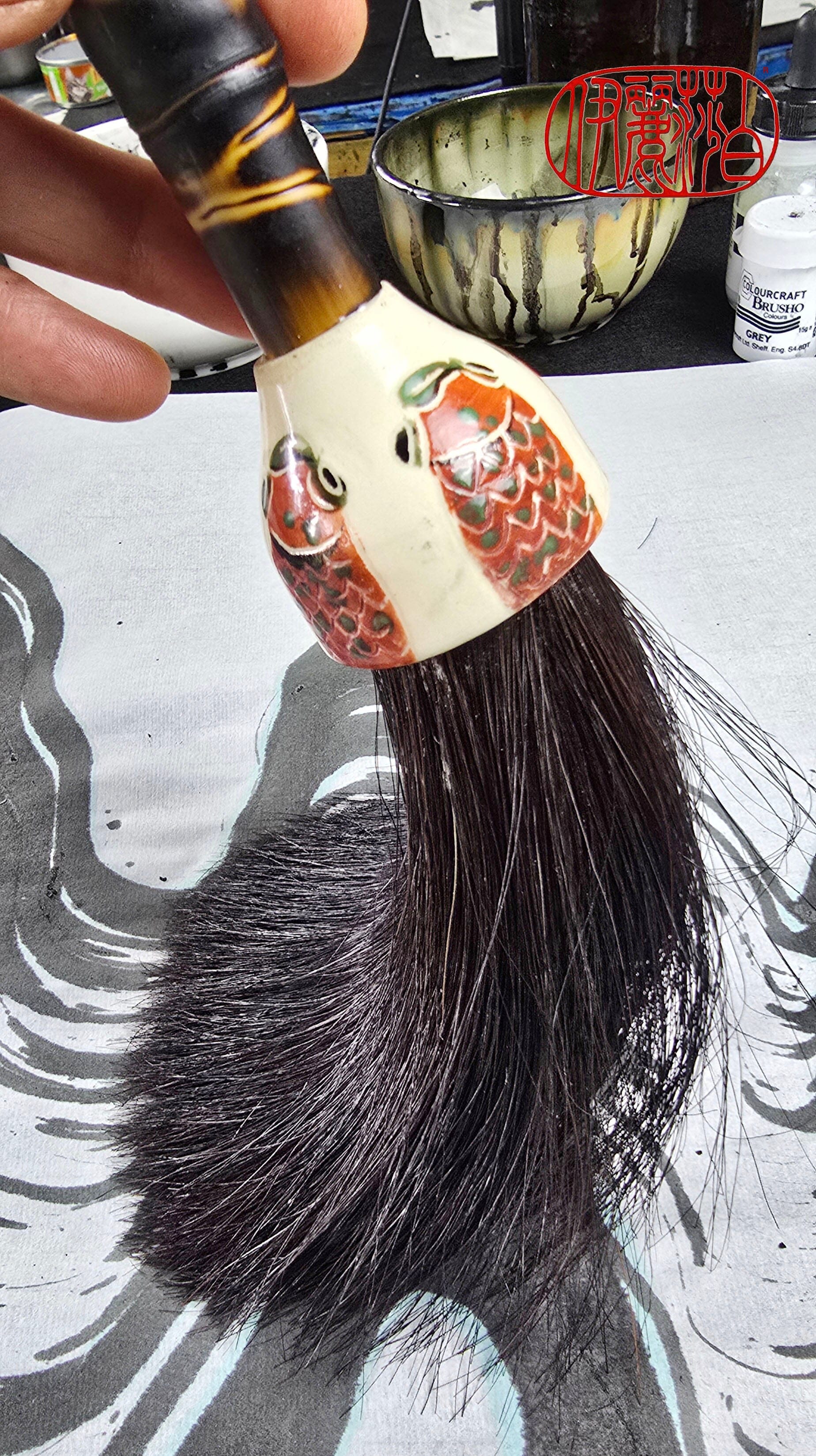 Black Horsehair Brush with Thrown Ceramic Ferrule &amp; Bamboo Handle Paintbrush Elizabeth Schowachert Art