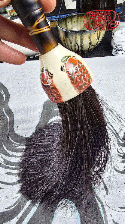 Black Horsehair Brush with Thrown Ceramic Ferrule &amp; Bamboo Handle Paintbrush Elizabeth Schowachert Art
