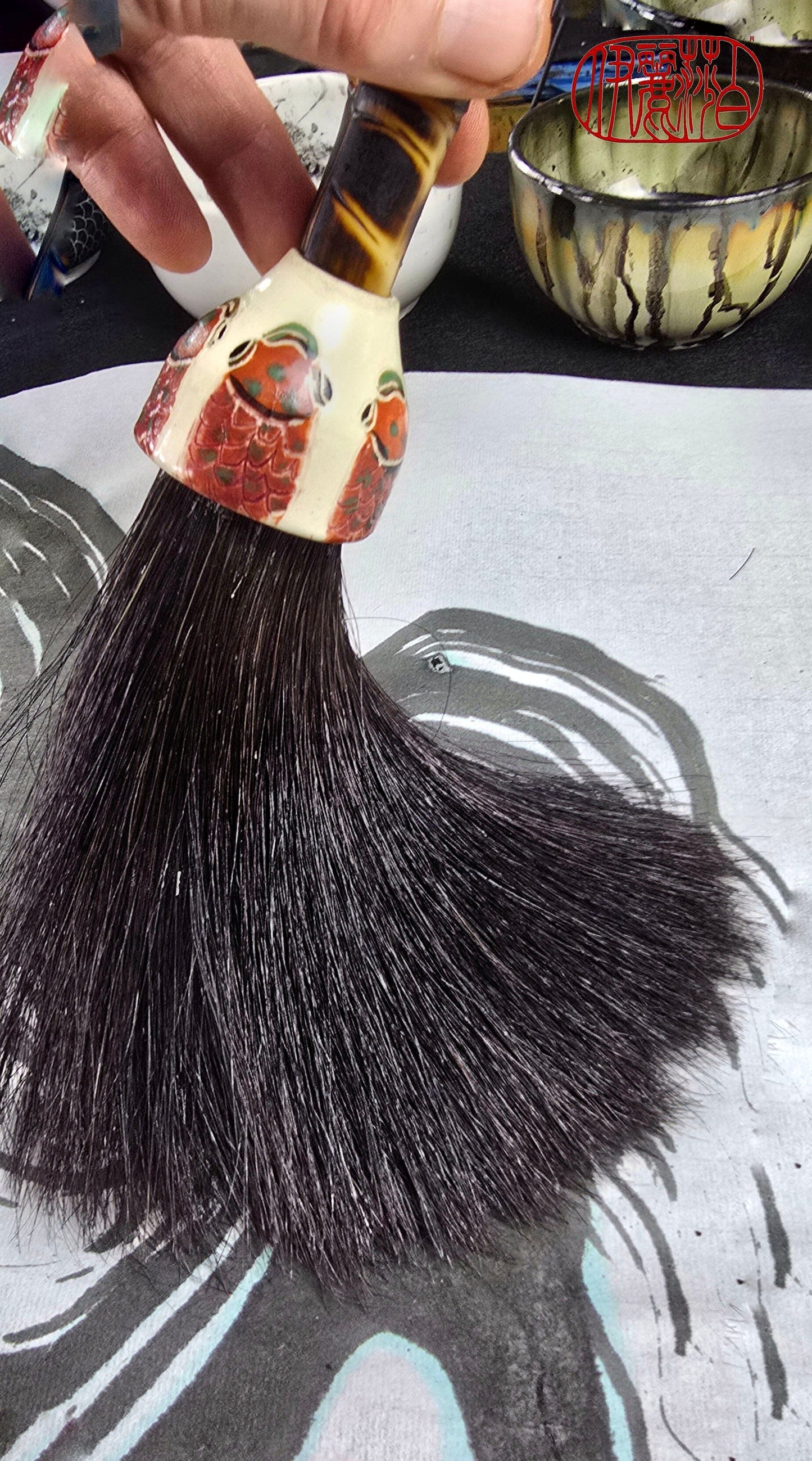 Black Horsehair Brush with Thrown Ceramic Ferrule &amp; Bamboo Handle Paintbrush Elizabeth Schowachert Art