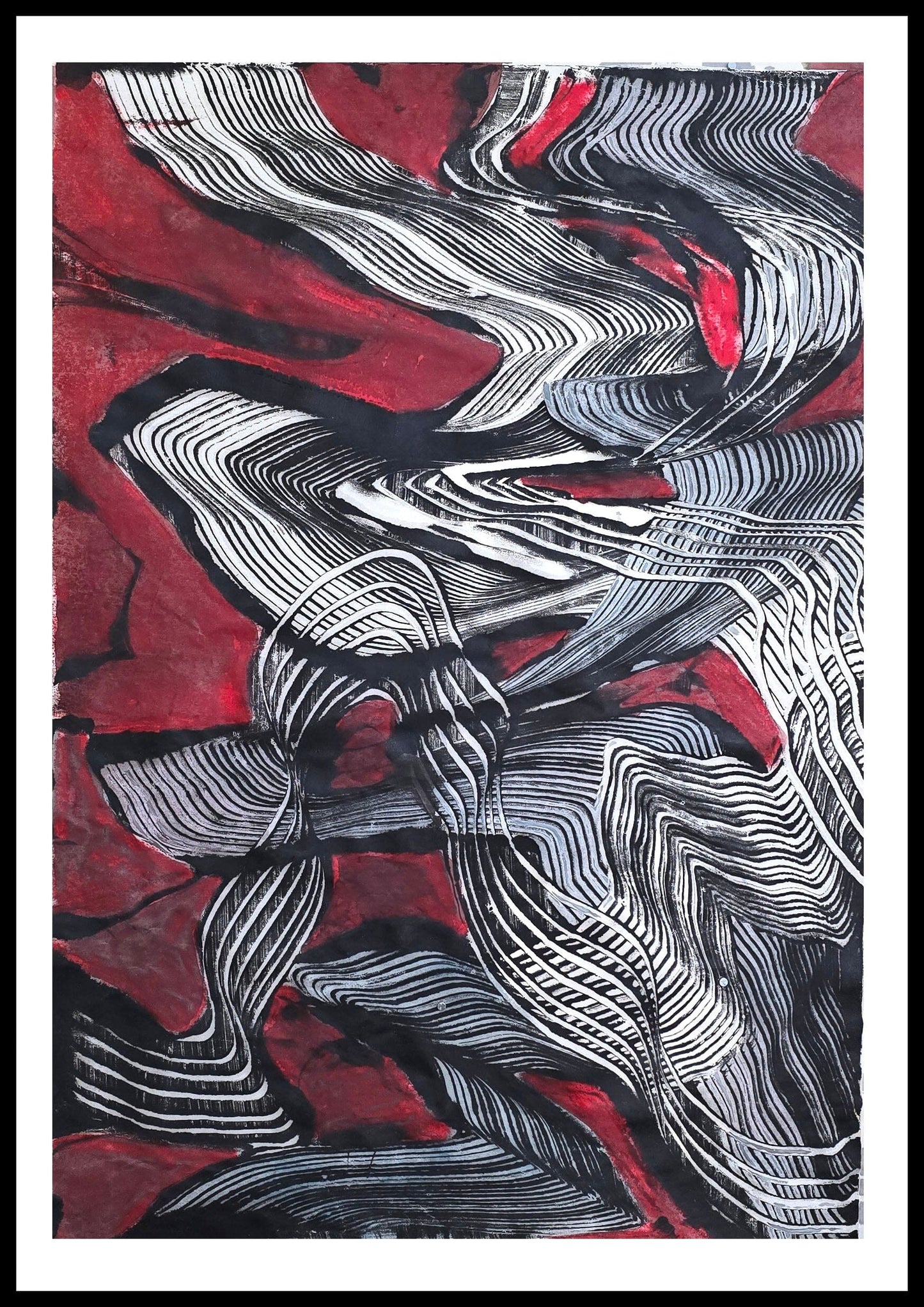 Encaustic Monotype "Currents of Fire and Line" on Asian Mulberry Paper – 30" x 22" Artwork Elizabeth Schowachert Art