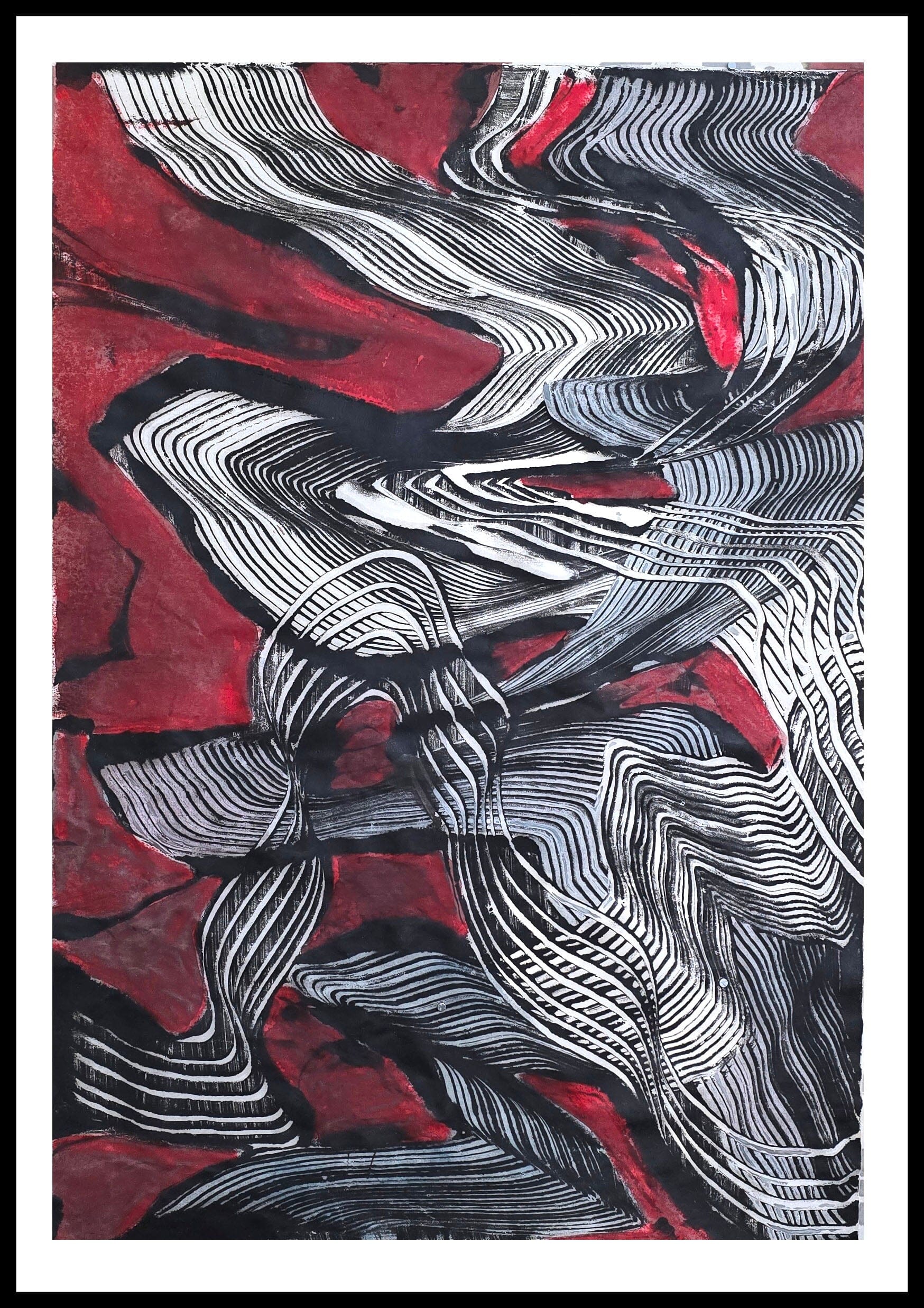 Encaustic Monotype "Currents of Fire and Line" on Asian Mulberry Paper – 30" x 22" Artwork Elizabeth Schowachert Art