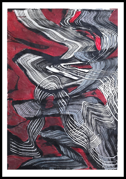 Encaustic Monotype "Currents of Fire and Line" on Asian Mulberry Paper – 30" x 22" Artwork Elizabeth Schowachert Art