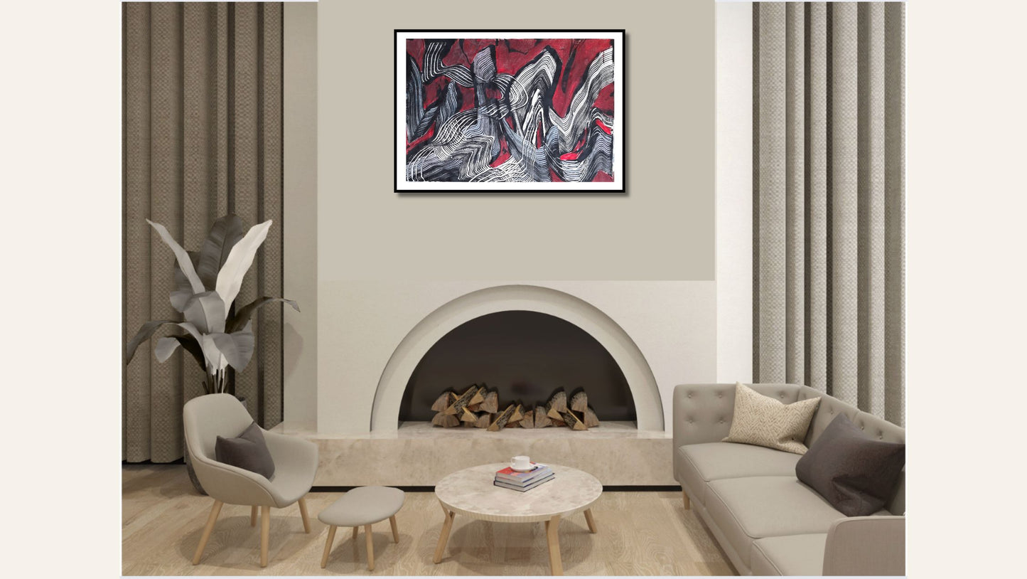 Encaustic Monotype "Currents of Fire and Line" on Asian Mulberry Paper – 30" x 22" Artwork Elizabeth Schowachert Art