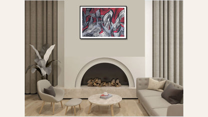 Encaustic Monotype "Currents of Fire and Line" on Asian Mulberry Paper – 30" x 22" Artwork Elizabeth Schowachert Art