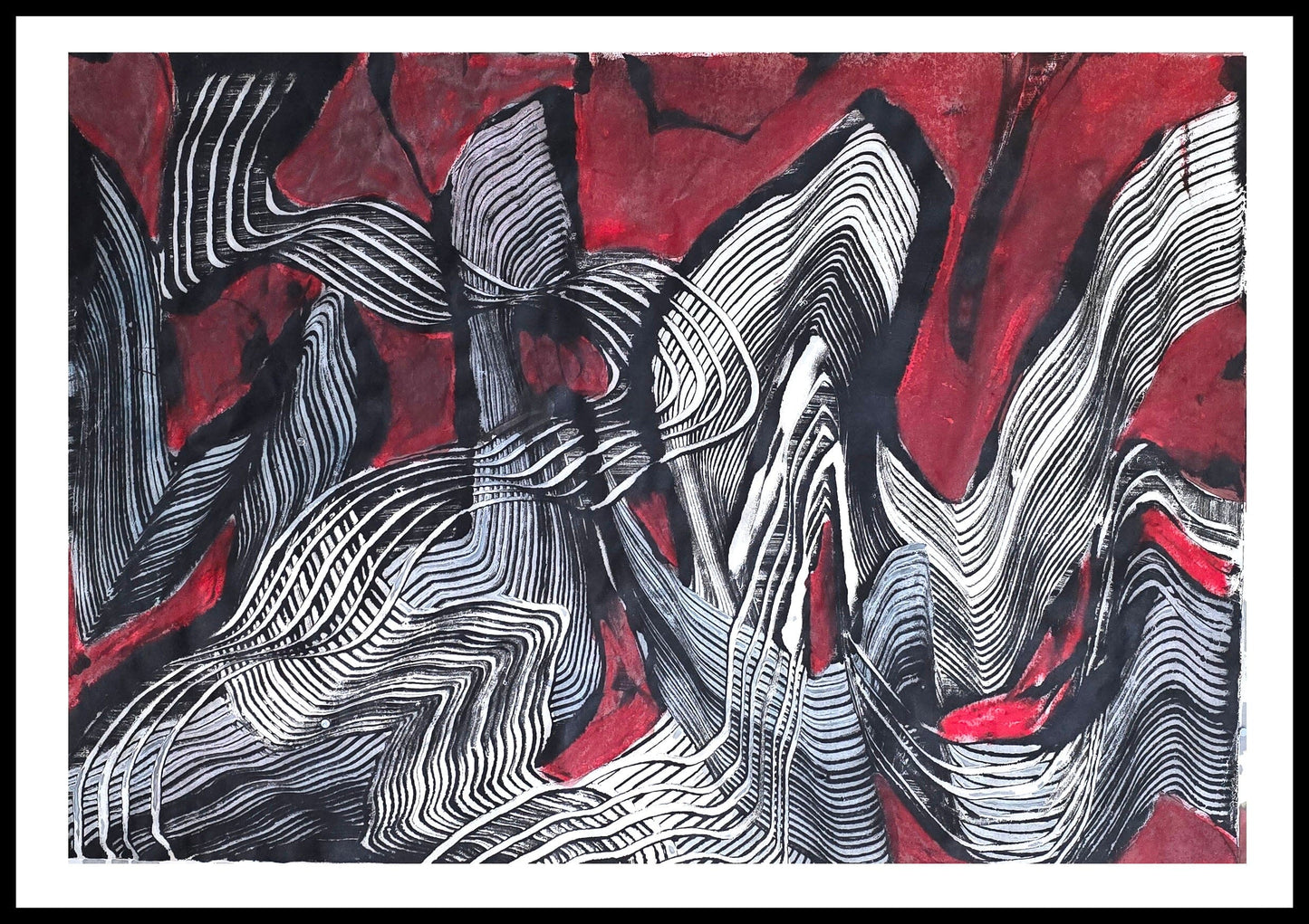 Encaustic Monotype "Currents of Fire and Line" on Asian Mulberry Paper – 30" x 22" Artwork Elizabeth Schowachert Art