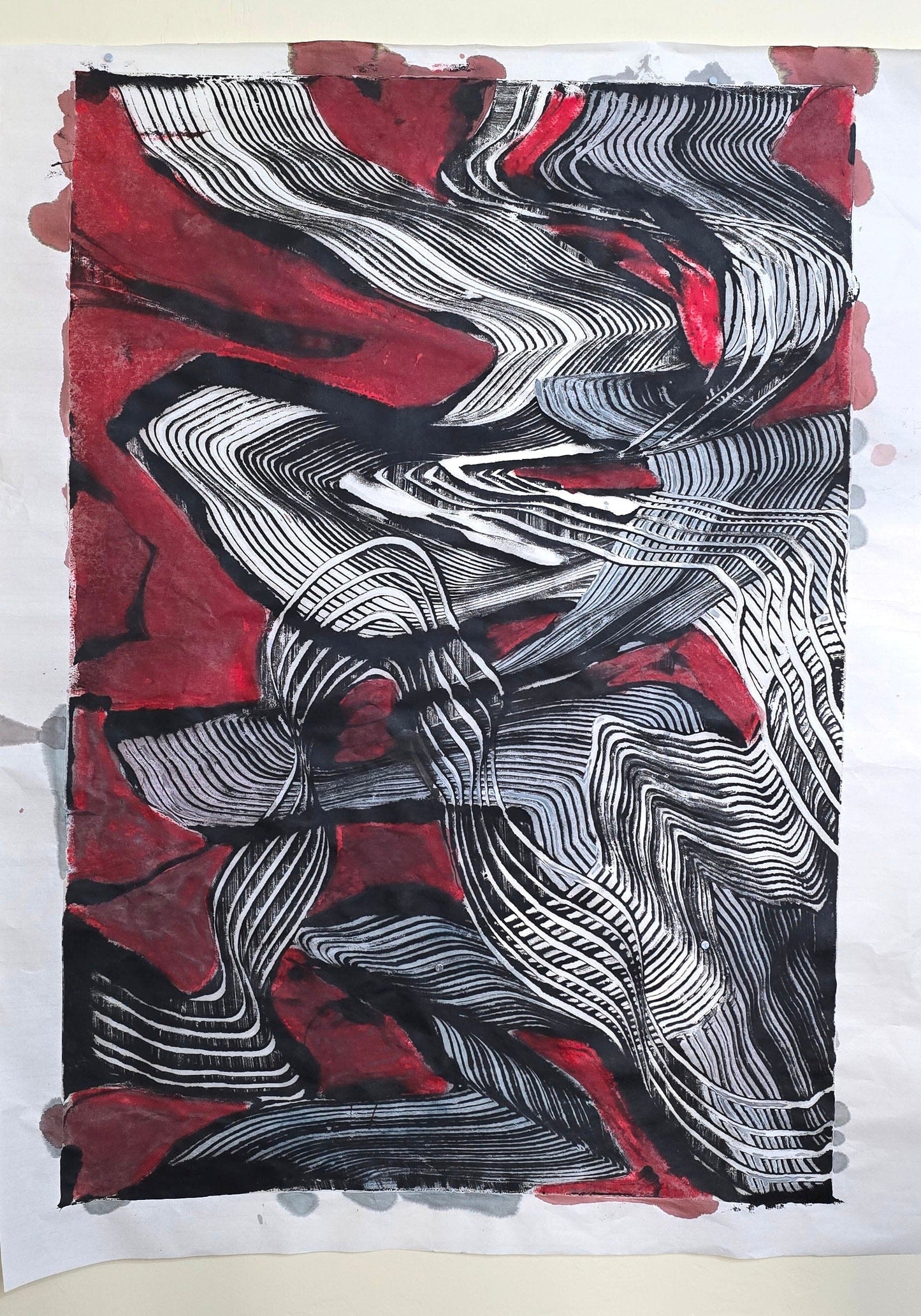 Encaustic Monotype "Currents of Fire and Line" on Asian Mulberry Paper – 30" x 22" Artwork Elizabeth Schowachert Art