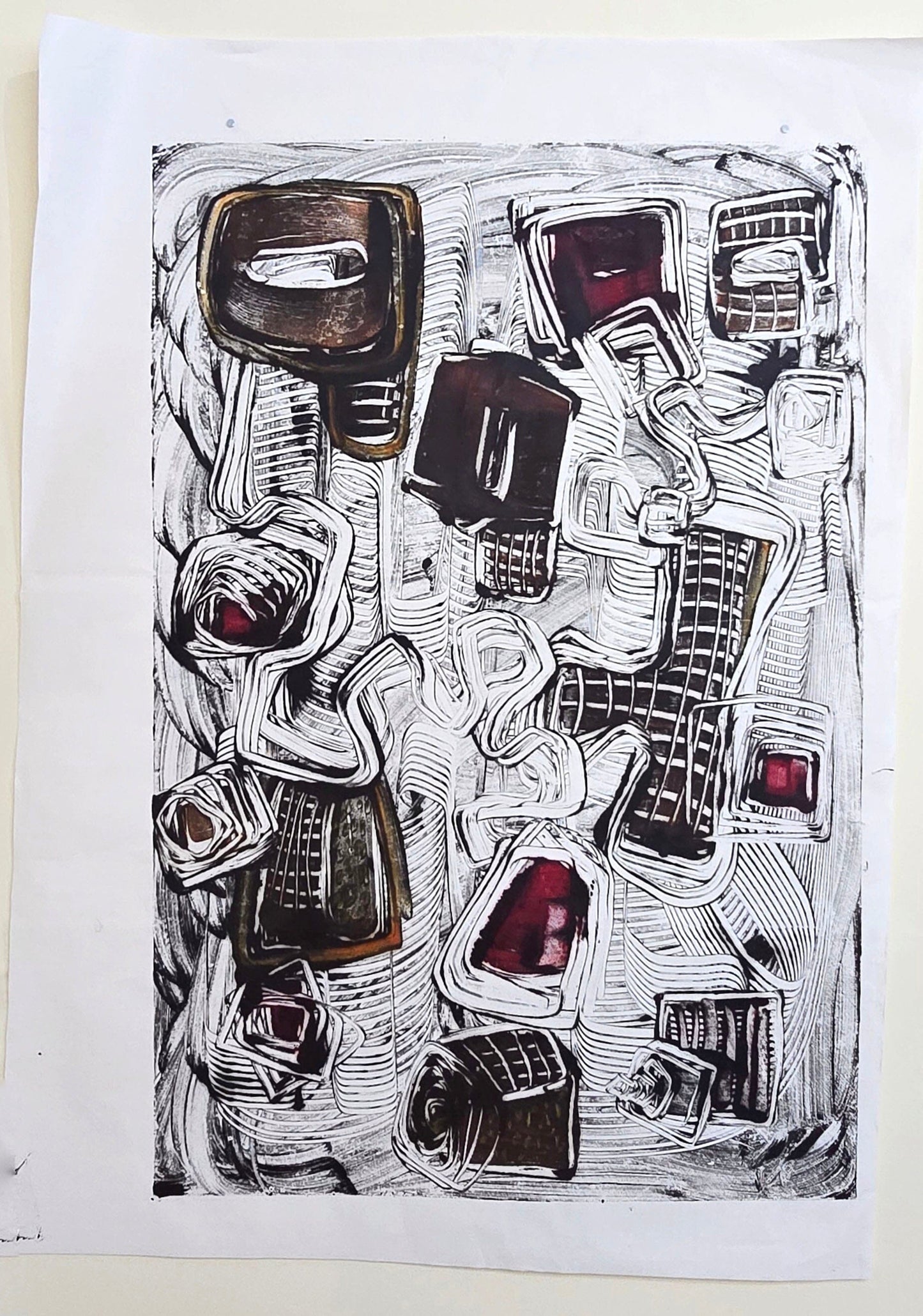 Encaustic Monotype "Echoes of Shape" on Asian Mulberry Paper – 30" x 22" Artwork Elizabeth Schowachert Art