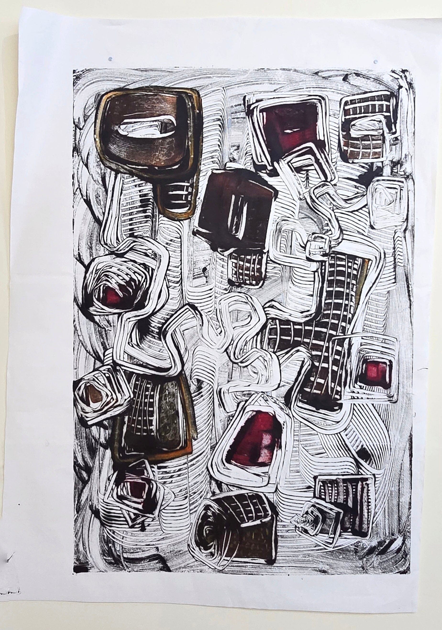 Encaustic Monotype "Echoes of Shape" on Asian Mulberry Paper – 30" x 22" Artwork Elizabeth Schowachert Art