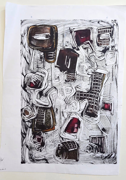 Encaustic Monotype "Echoes of Shape" on Asian Mulberry Paper – 30" x 22" Artwork Elizabeth Schowachert Art