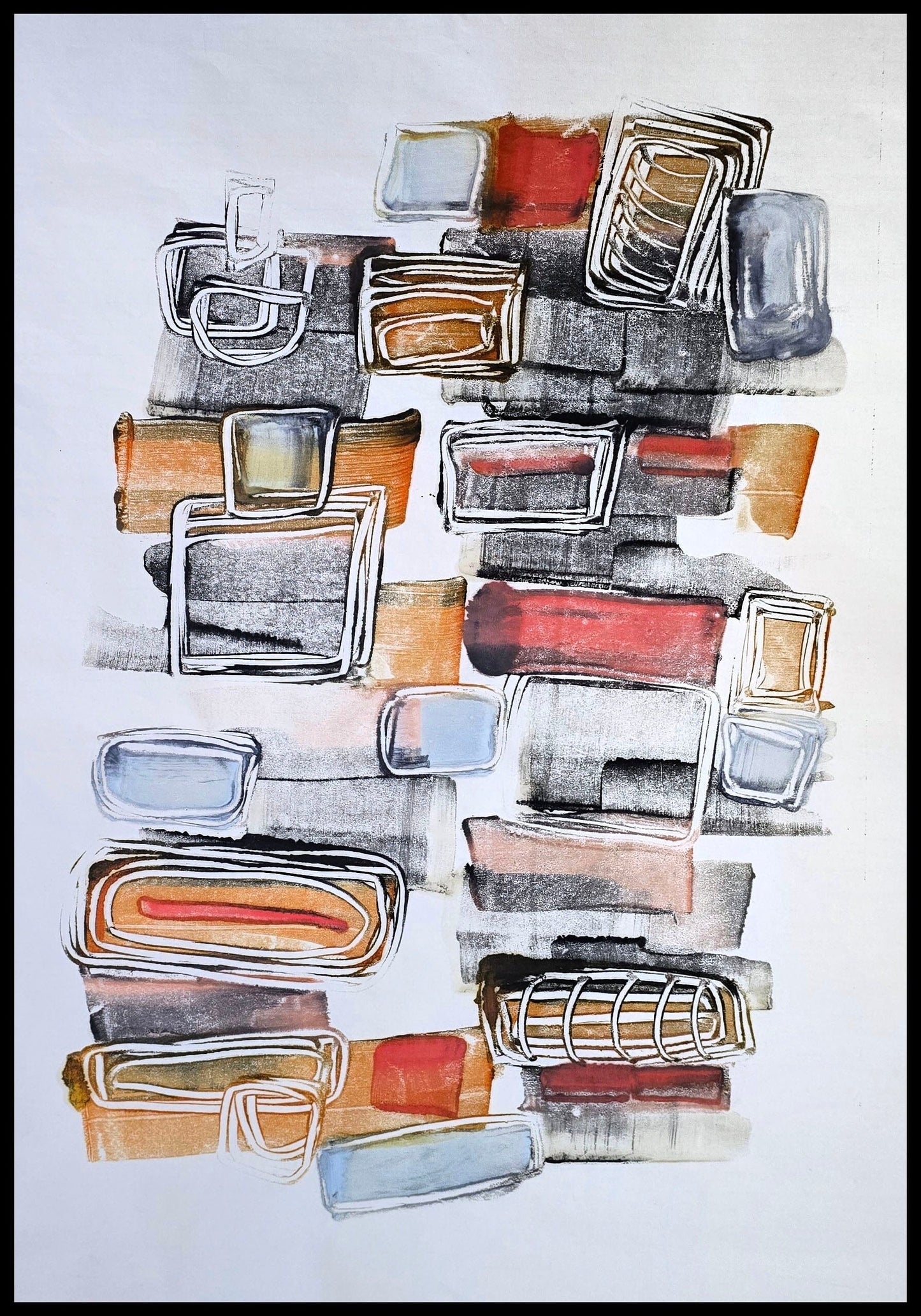 Encaustic Monotype "Nested Forms" on Asian Mulberry Paper – 30" x 22" Artwork Elizabeth Schowachert Art