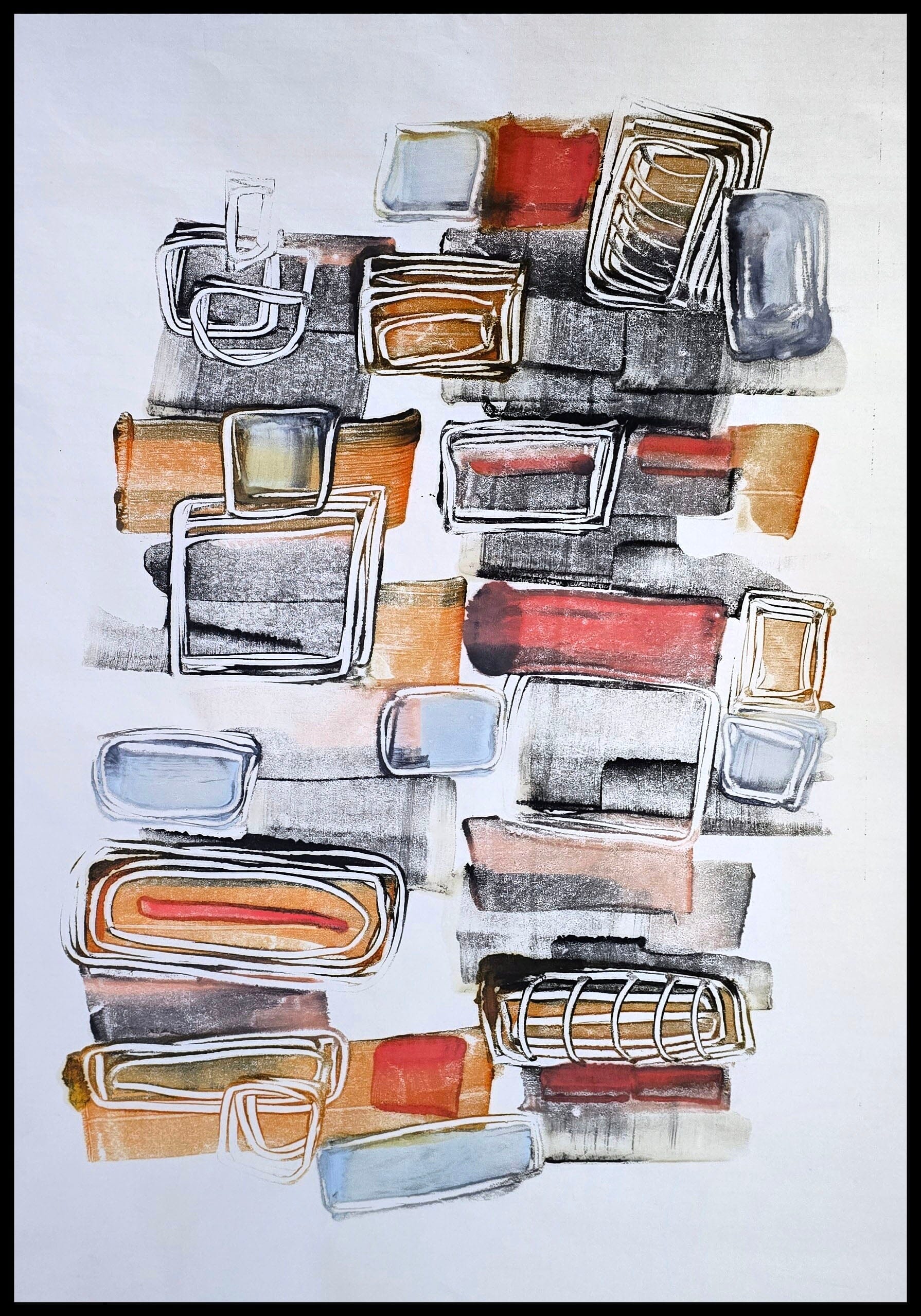 Encaustic Monotype "Nested Forms" on Asian Mulberry Paper – 30" x 22" Artwork Elizabeth Schowachert Art