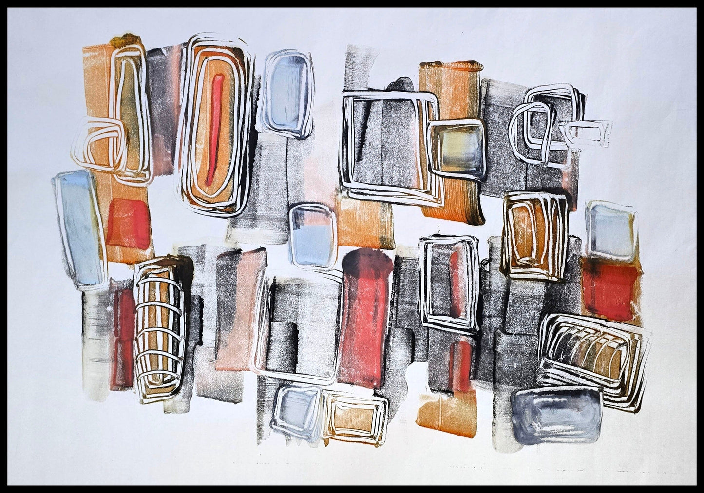 Encaustic Monotype "Nested Forms" on Asian Mulberry Paper – 30" x 22" Artwork Elizabeth Schowachert Art