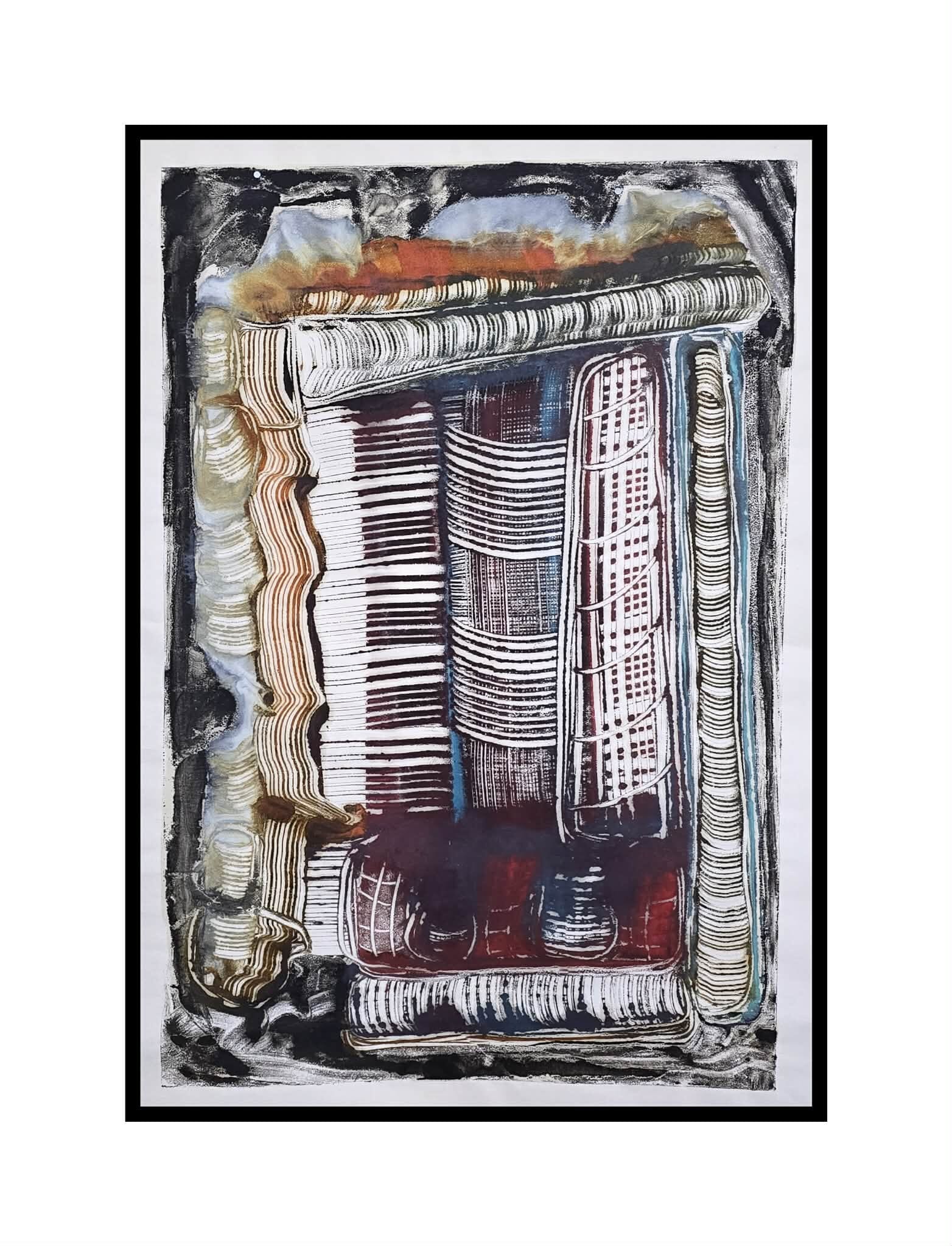 Encaustic Monotype "Resonant Lines" on Asian Mulberry Paper – 30 x 22 Artwork Elizabeth Schowachert Art