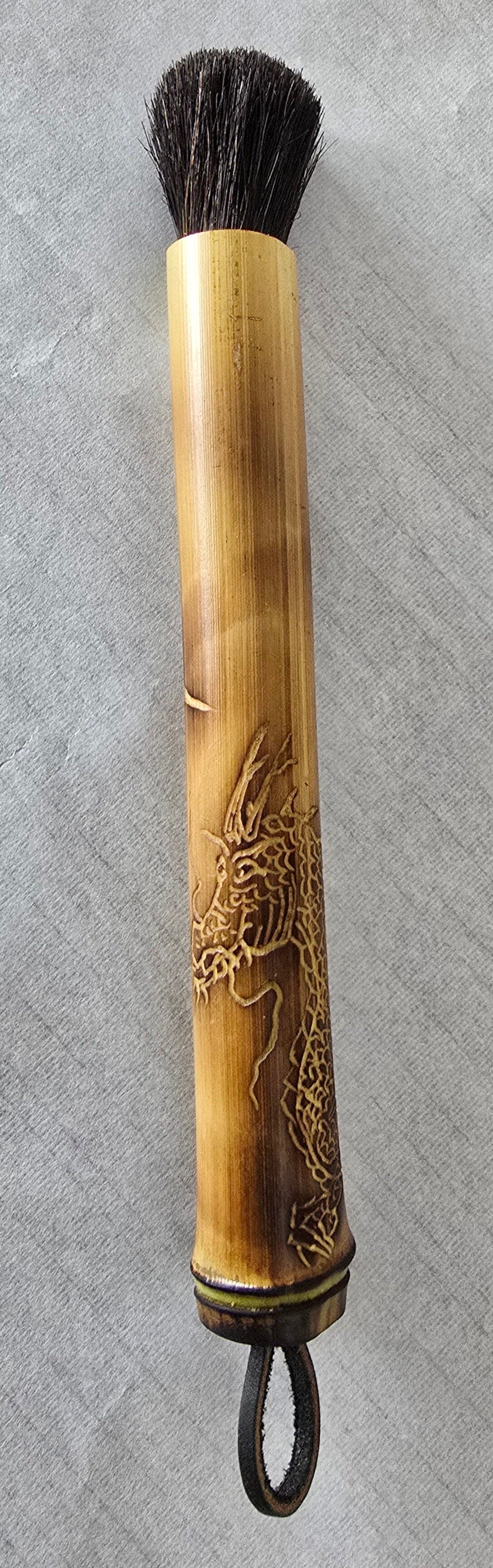 Handcrafted Semi-Coarse Sumi-e Brush with Dragon Engraved Bamboo Handle Paintbrush Elizabeth Schowachert Art