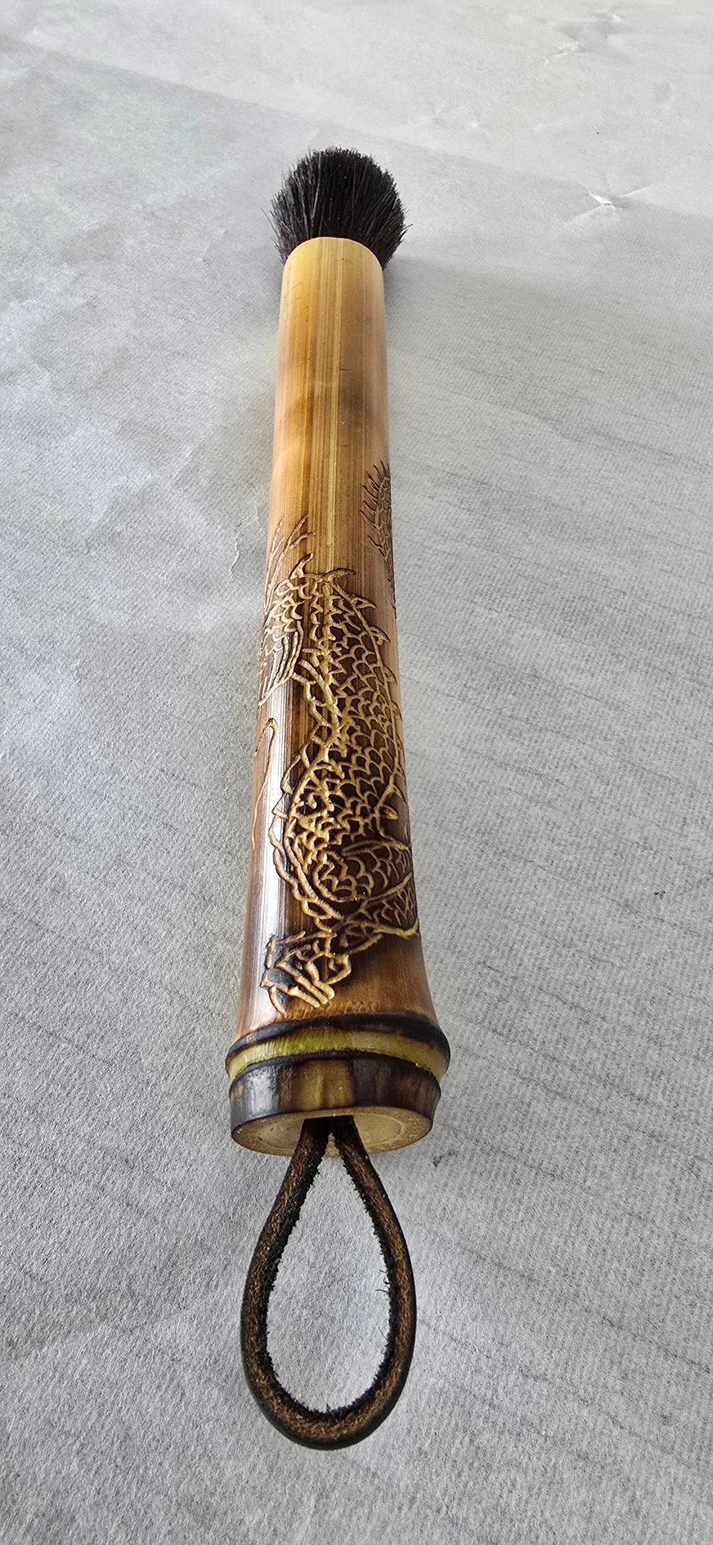 Handcrafted Semi-Coarse Sumi-e Brush with Dragon Engraved Bamboo Handle Paintbrush Elizabeth Schowachert Art