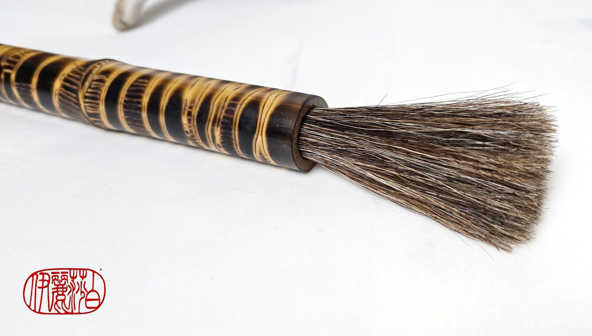 Handmade Sumi-Style Brush - Mixed Horsehair with Burned and Engraved Bamboo Handle Paintbrush Elizabeth Schowachert Art