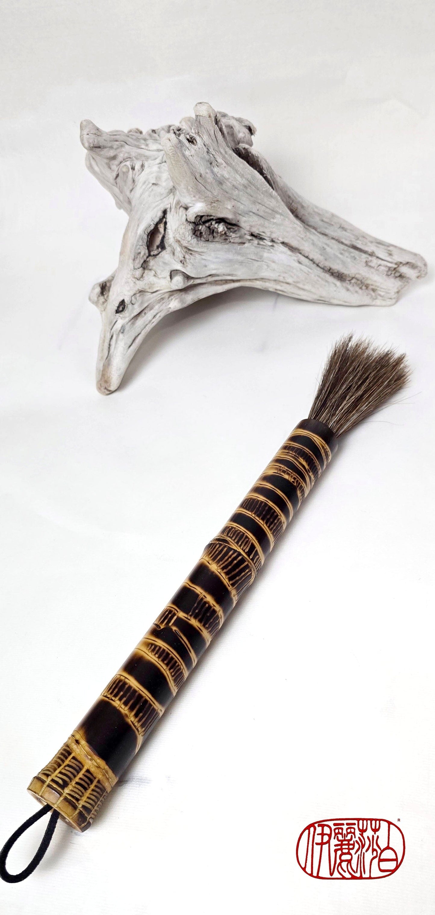 Handmade Sumi-Style Brush - Mixed Horsehair with Burned and Engraved Bamboo Handle Paintbrush Elizabeth Schowachert Art
