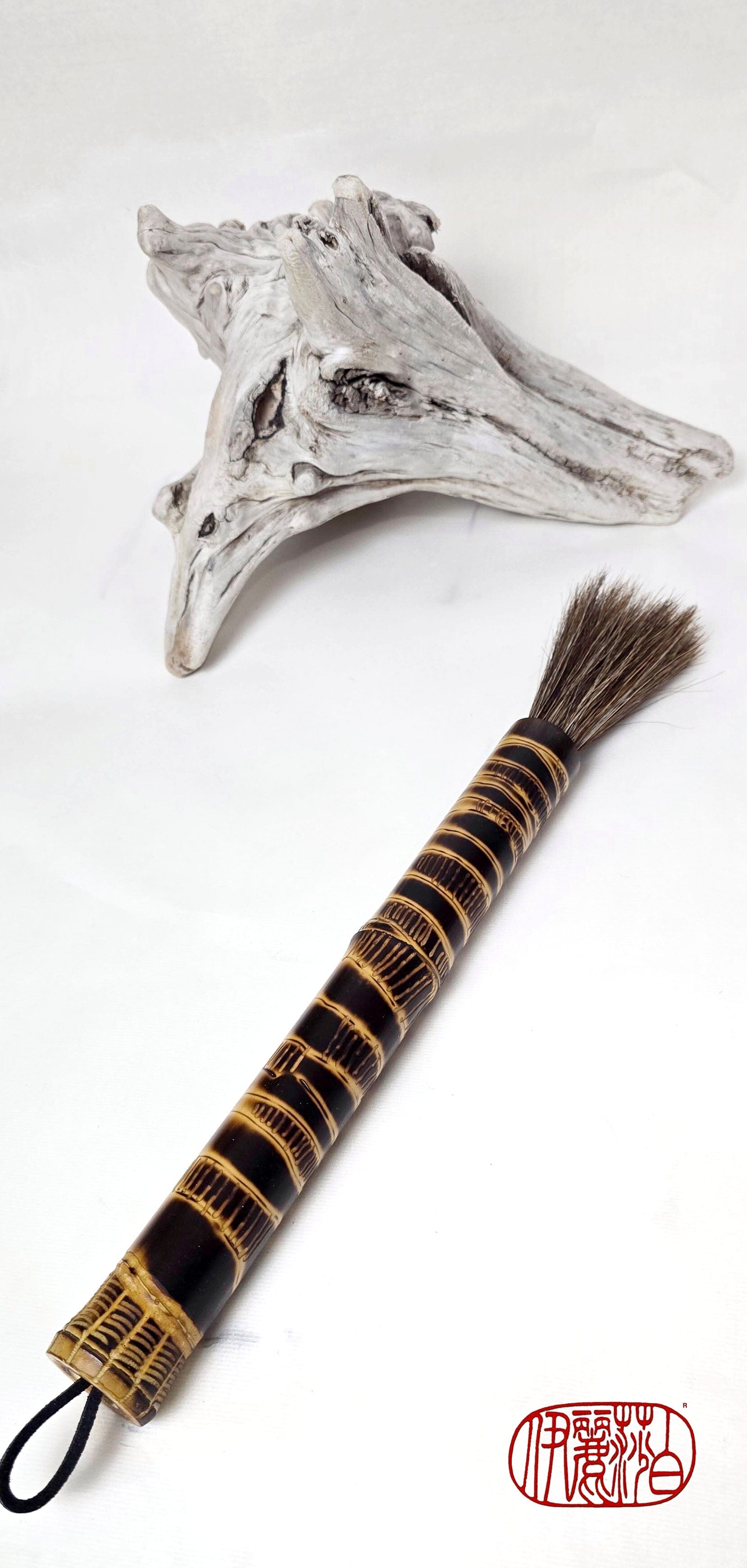 Handmade Sumi-Style Brush - Mixed Horsehair with Burned and Engraved Bamboo Handle Paintbrush Elizabeth Schowachert Art