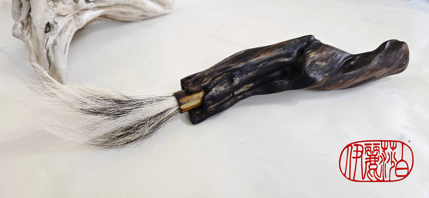 Handmade Sumi-Style Brush – Skunk and White Deer Tail with Sculpted Driftwood Handle Paintbrush Elizabeth Schowachert Art